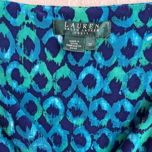 RALPH LAUREN Jersey Blue Green Print Dress Cocktail Batik Moc Wrap Empire, Sz 10 - Picture 3 of 9